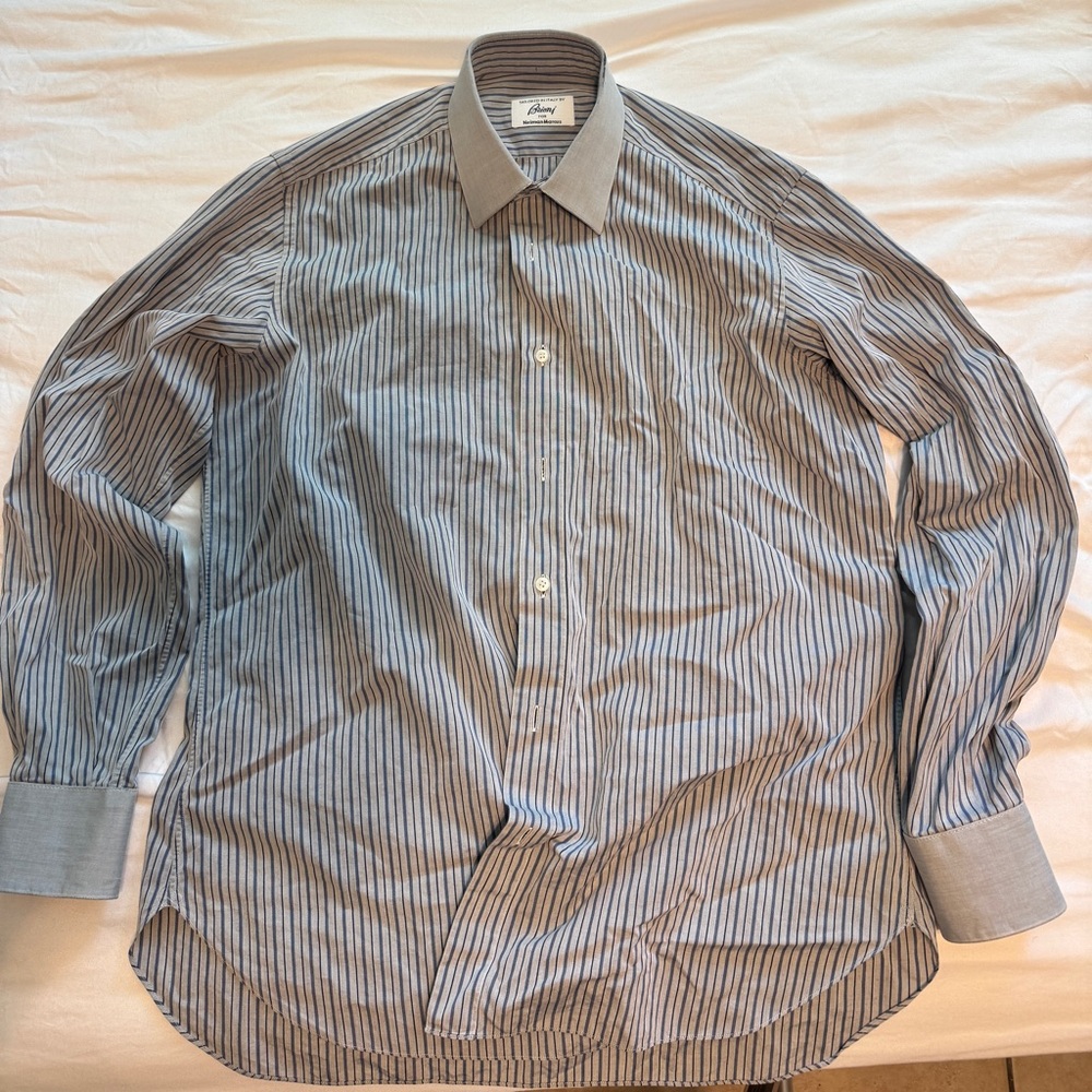 Brioni Blue and White Striped Button Down Shirt